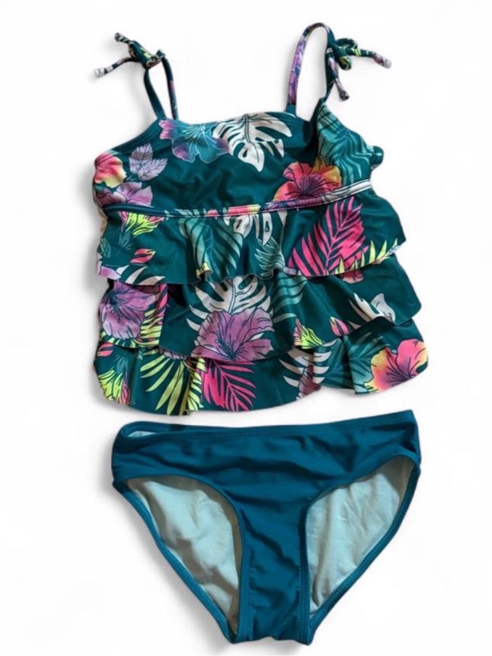 Justice Teal Floral Ruffle Tankini Bikini Size M / Size 10